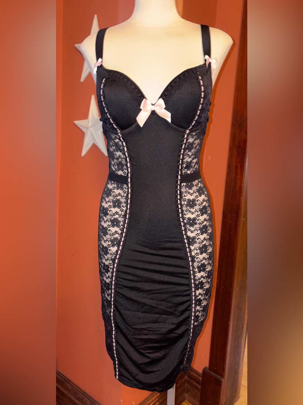 Love honey Black Lace Bodycon Slip Dress with Pink Trim